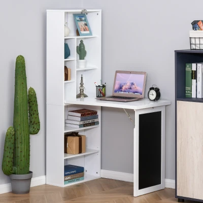 HOMCOM Schreibtisch Esstisch klappbar mit 6 Fächer Bücherregal mit 3 Regale Computertisch Bürotisch E1 Spanplatte Metallrahmen Weiß 98 x 51 x 153 cm