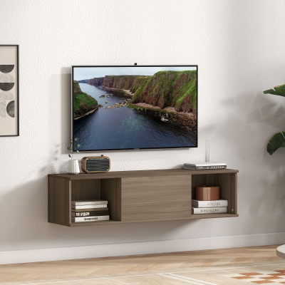 HOMCOM Armario de Pared Mueble de TV Colgante con 2 Compartimentos Abiertos y Puerta Abatible 120x30x29,5 cm Marrón