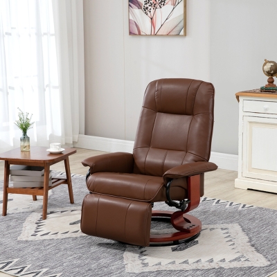 HOMCOM Sillón relax reclinable reposapiés ajustable pivotante 360° base de madera revestimiento sintético marrón