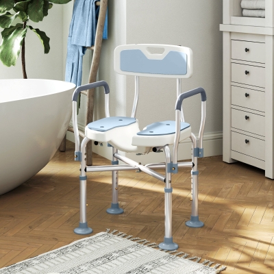 HOMCOM Tabouret de Douche U Rembourré Réglable avec Accoudoirs Bleu