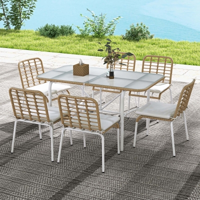 Outsunny Juego de Muebles de Jardín para Exterior de Ratán de 7 Piezas Incluye 6 Sillas Apilables con Cojines y Mesa Natural