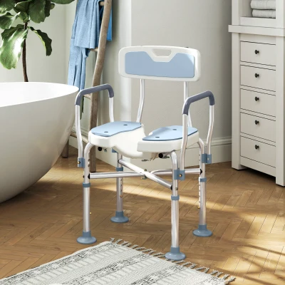 HOMCOM Duschstuhl, Badehocker mit verbessertem 'U'-geformtem gepolstertem Sitz und Armlehnen, höhenverstellbar, Blau