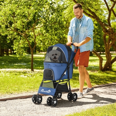 PawHut Cochecito para Perros Pequeños Plegable con Cesta de Almacenaje Capota Ajustable y 2 Ruedas Universales 81x48x99 cm Azul