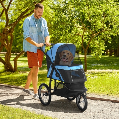 PawHut Carrito para Perros Medianos Pequeños con Cesta de Almacenaje Capota Ajustable y Ventana de Malla 111x58x107 cm Azul
