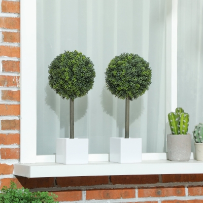 HOMCOM Set de 2 Bolas de Boj Artificial Recortadas en Forma de 45cm, Planta Artificial en Maceta