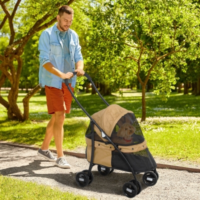 PawHut Cochecito para Perros Pequeños Plegable con Ventanas de Malla Cojín Lavable Correas de Seguridad y Marco de Acero Café