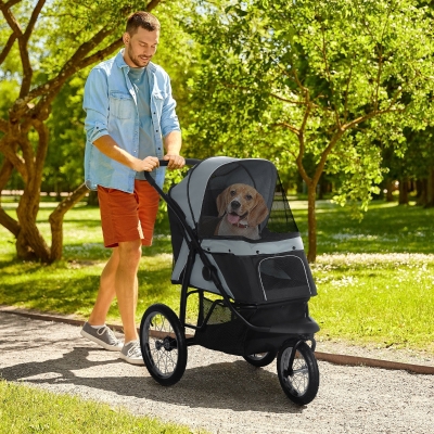PawHut Carrito para Perros Medianos Pequeños con Cesta de Almacenaje Capota Ajustable y Ventana de Malla 111x58x107 cm Gris