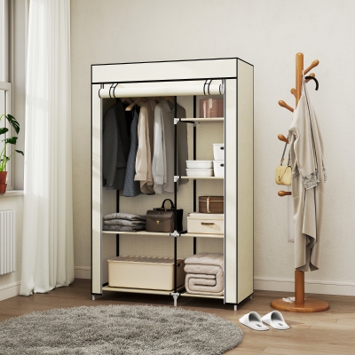 HOMCOM Roupeiro de Tecido Dobrável com 6 Prateleiras e 1 Barra de Pendurar para Dormitório Vestidor 103x43x162,5cm Creme
