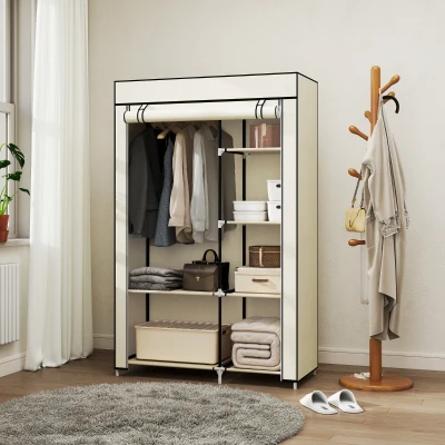 HOMCOM Roupeiro de Tecido Dobrável com 6 Prateleiras e 1 Barra de Pendurar para Dormitório Vestidor 103x43x162,5cm Creme
