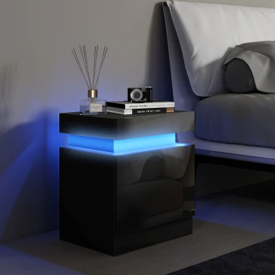 HOMCOM Mesa de Cabeceira com Luz LED Painel de Alto Brilho 2 Gavetas e Controlo Remoto para Dormitório 45x35x52 cm Preto