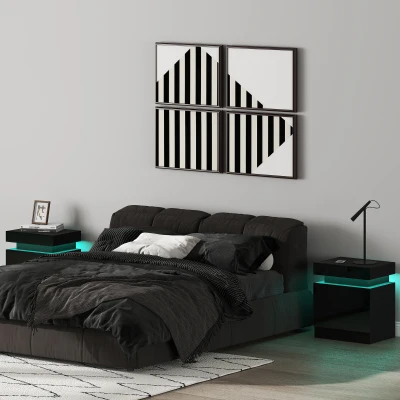 HOMCOM Bedside Tables Set RGB LED 2 Drawers Black