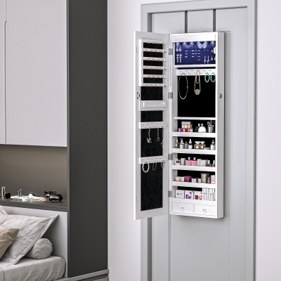 HOMCOM Espejo Joyero Colgante de Pared o Puerta con LED 5 Estantes 2 Cajones Pequeños Espejo Armario Montado con Cerradura 37x120x10cm