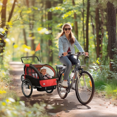 HOMCOM Remolque de bicicleta para niños 2 en 1 con cinturón de seguridad de 5 puntos reflectores bandera y cortina cortavientos Rojo