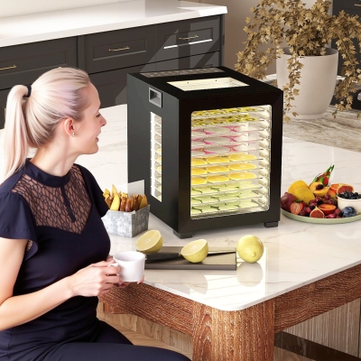 HOMCOM Dörrautomat Dörrgerät, 850 W, Regulador de Temperatura 40-70°C, Temporizador de 48 horas, 12 Bandejas de Acero Inoxidable Negro