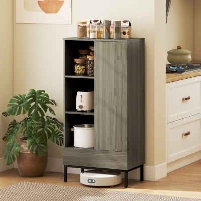 HOMCOM Aparador para Salón Moderno con Puerta Cajón Estante Ajustable y 3 Compartimentos Abiertos 60x34x121 cm Natural