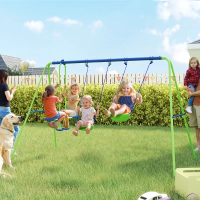 Outsunny Schommelset Buiten, Schommelgestel met 2 Schommels, Glijbaan, Kinderschommel met Metalen Frame, Groen