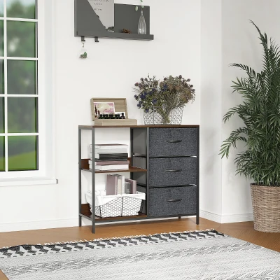 HOMCOM Cassettiera 80cm x 29cm x 71cm Marrone rustico, Grigio scuro, Nero
