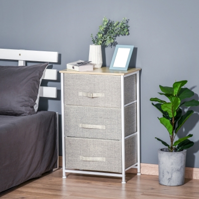 HOMCOM Mueble de almacenamiento chiffonnier moderno 3 cajones en tela estructura de acero y MDF 45x30x71 cm Gris