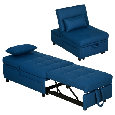 HOMCOM 3-in-1 Opvouwbare Fauteuil met Zijvak, Gastenbed met Kussen, Verstelbare Rugleuning, Stoelbed met Wielen, Blauw