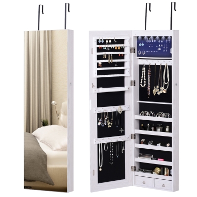 HOMCOM Schmuckschrank Spiegelschrank Wandschrank mit LED Wand-/Türmontage MDF Weiß 37 x 120 x 10 cm
