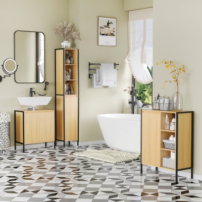 kleankin Mueble para Debajo del Lavabo Armario de Suelo para Baño de Madera con 2 Puertas y Estante 60x30x65,2 cm Roble