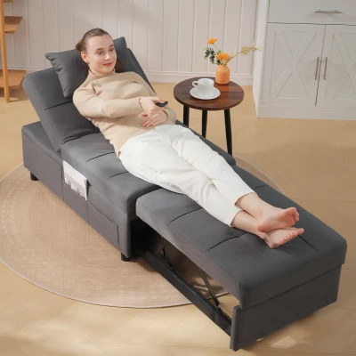 HOMCOM Ligstoel Slaapstoel 3-in-1 Stoel, linnenlook, inclusief kussen, 65,5 cm x 104 cm x 81 cm, Donkergrijs