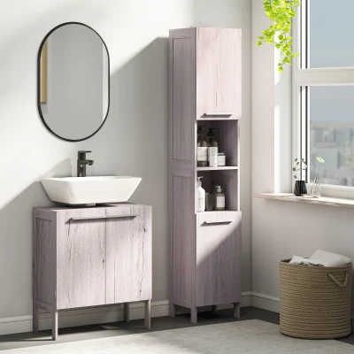 kleankin Columna de Baño Mueble Alto y Estrecho con Estantes Abiertos y 2 Armarios 30x32x172,5 cm Madera Grisácea