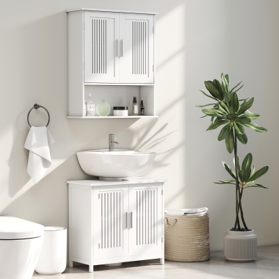 kleankin Mueble para Debajo del Lavabo Armario Baño de Suelo de Madera con 2 Puertas Ventiladas y Estante Ajustable Interior Moderno 60x30x60 cm Blanco