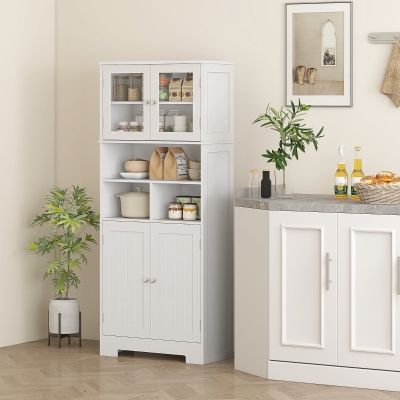 HOMCOM Alacena Alta con Armarios y Estantes Abiertos Puertas de Cristal Estantes Ajustables y Sistema Antivuelco 60x30x145,5 cm