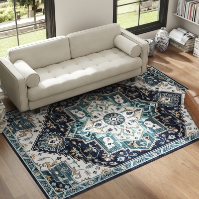 HOMCOM Alfombra Boho Antideslizante y Lavable a Pelo Corto para Sala y Dormitorio, 230x160 cm, Multicolor