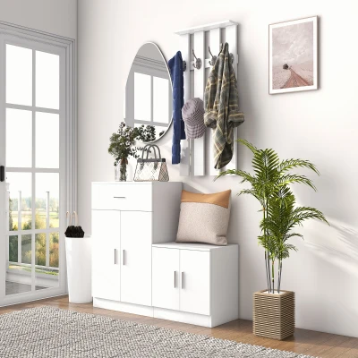 HOMCOM Mobilier de Hol cu Cuier din Lemn Alb, 100x32x187cm(m-7)