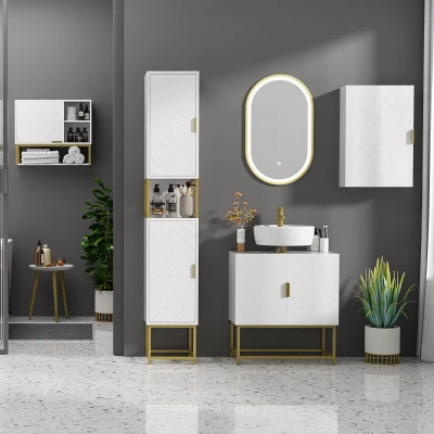kleankin Mueble para Debajo del Lavabo Moderno Armario Bajo con 2 Puertas y Patas de Acero 60x30x65 cm Blanco y Dorado