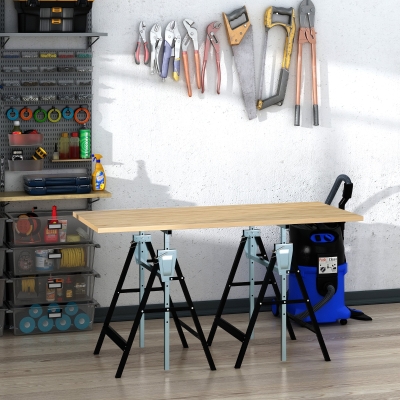 HOMCOM Set de 2 Caballetes Metálicos Plegables con Altura Ajustable Caballetes de Sierra de Acero 68x58x80-130 cm Negro