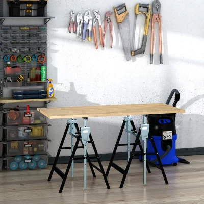 HOMCOM Set de 2 Caballetes Metálicos Plegables con Altura Ajustable Caballetes de Sierra de Acero 68x58x80-130 cm Negro