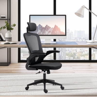 Vinsetto Silla de Oficina de Malla Silla Escritorio Giratoria con Altura Ajustable Reposabrazos Plegable Reposacabezas y Soporte Lumbar Regulables 65x64x114-122 cm Negro