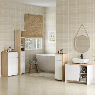 kleankin Armario Bajo para Baño Mueble Auxiliar de Madera con Cajón y Armario con 2 Estantes para Salón Dormitorio Cocina 32,6x30x90 cm Color Natural y Blanco