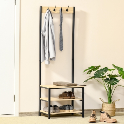 HOMCOM Perchero Metálico Zapatero con 3 Estantes y 4 Ganchos para Colgar Ropas para Pasillo Entrada 60x40x175cm Negro y Natural