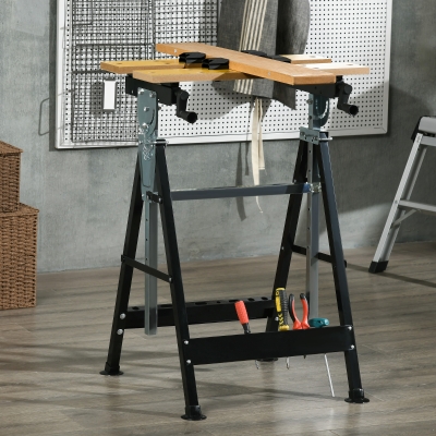 HOMCOM Banco de Trabajo Ajustable en Altura con 4 Clavijas Giratorias Tableros Ajustables en Ángulo y Distancia 65x57x85-114 cm Madera Natural y Negro