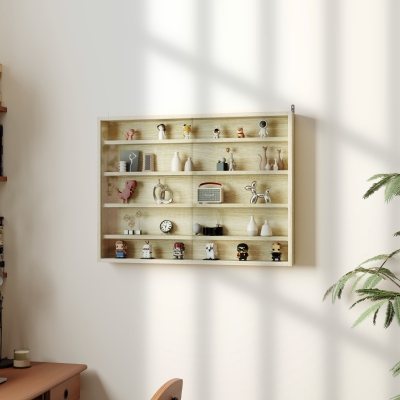 HOMCOM Estante Expositor a 5 Estantes Ajustables en Aglomerado con Puertas de Vidrio, 80x9.5x60 cm, Madera Natural
