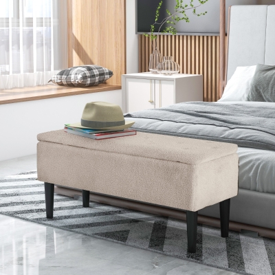 HOMCOM Banco de Pie de Cama Baúl de Almacenaje para Dormitorio con Tapa Abatible y Patas de Madera 95x38x45 cm Beige