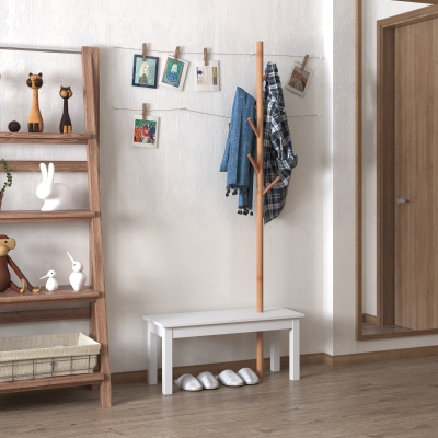 HOMCOM Perchero de Pie con Banco Colgador Tipo Árbol Moderno 6 Ganchos para Colgar Ropa Bolsa Pasillo Entrada Bambú y MDF 80x30x180cm