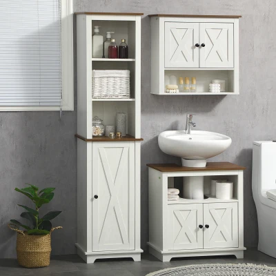 kleankin Mueble para Debajo del Lavabo de Madera Armario de Baño de Suelo Mueble Bajo Lavabo Pie con 2 Puertas 60x30x60 cm Blanco