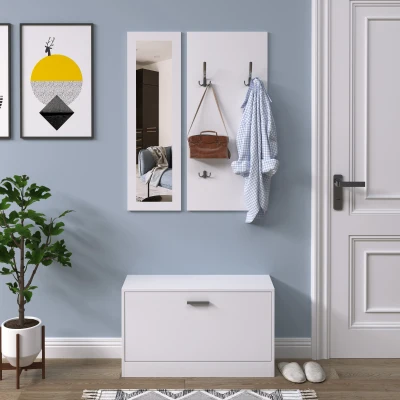 HOMCOM Conjunto de Muebles de Entrada Recibidor Pasillo Set de 3 Piezas Zapatero Espejo Perchero con 4 Ganchos para Colgar Ropa 80x27x46,5cm Blanco