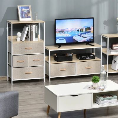 HOMCOM Cómoda com 4 Gavetas Dobráveis e Prateleira Aberta Cómoda com Gavetas de Tecido Anti-Tombo 58x29x103cm Madeira e Cinza Claro