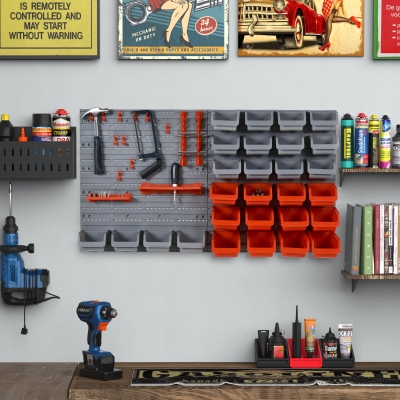 DURHAND Estantería de Pared para Herramientas de 44 Piezas 95x54 cm con 28 Cajas Apilables y Diferentes Ganchos Gris y Rojo