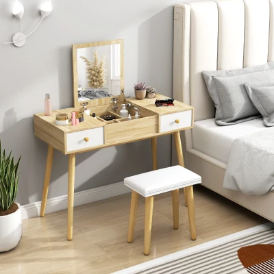 HOMCOM Coiffeuse Scandinave Miroir Rabattable 2 Tiroirs Naturel/Blanc