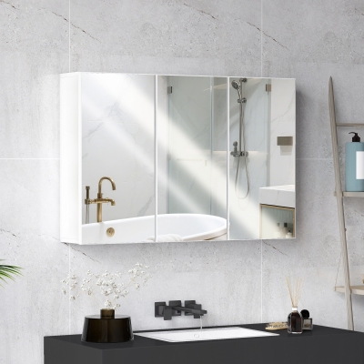 HOMCOM Armario de Espejo de Baño Armario de Baño con 3 Puertas de Espejo Montaje en Pared 90x15,5x60 cm Aglomerado Blanco