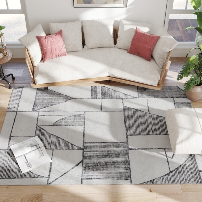 HOMCOM Rutschfester Moderner Teppich mit Geometrischen Linien, aus 100% Polyester, Multicolor, 230x160x0,7 cm
