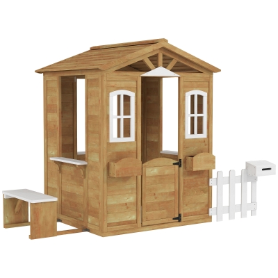Outsunny Casita Infantil Exterior de Madera con Buzón Ventanas Jardinera Mostrador y Banco para Niños a Partir de 3 Años Natural