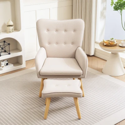 HOMCOM Poltrona com Apoio para Pés Poltrona de Leitura com Capitonê Pés de Madeira e Revestimento em Linho 70x72x94 cm Bege